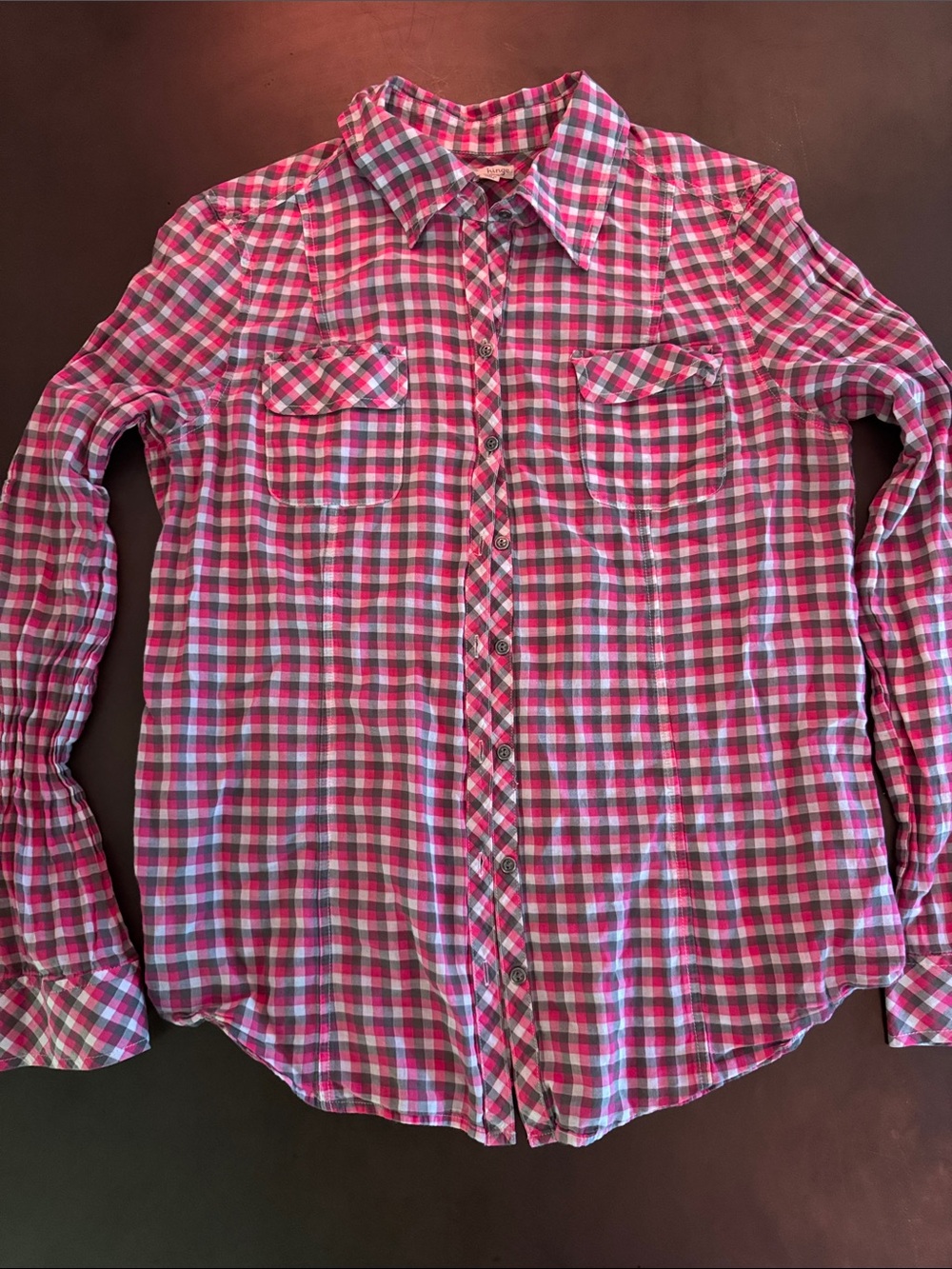 hinge Pink and White Plaid Button-Down Shirt